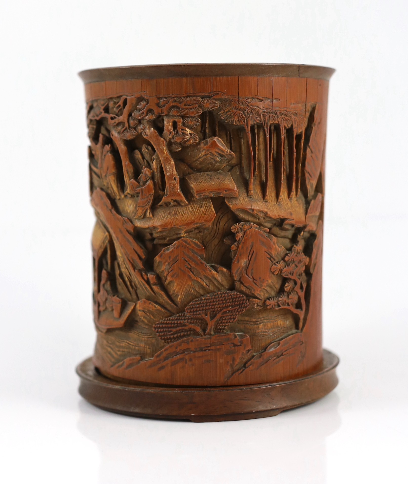 A Chinese bamboo and hongmu ‘scholars’ brushpot, bitong, 18th century, 16.5cm high, 13.5cm wide at base